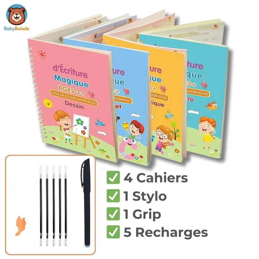 Cahiers Magiques Réutilisables – Pack 4 en 1 : Alphabet, Chiffres, Dessin & Écriture
