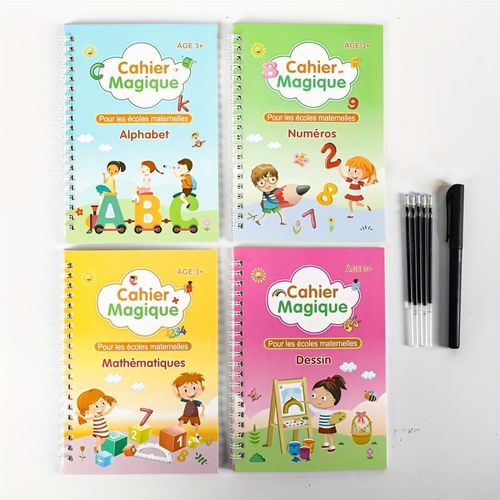 Cahiers Magiques Réutilisables – Pack 4 en 1 : Alphabet, Chiffres, Dessin & Écriture